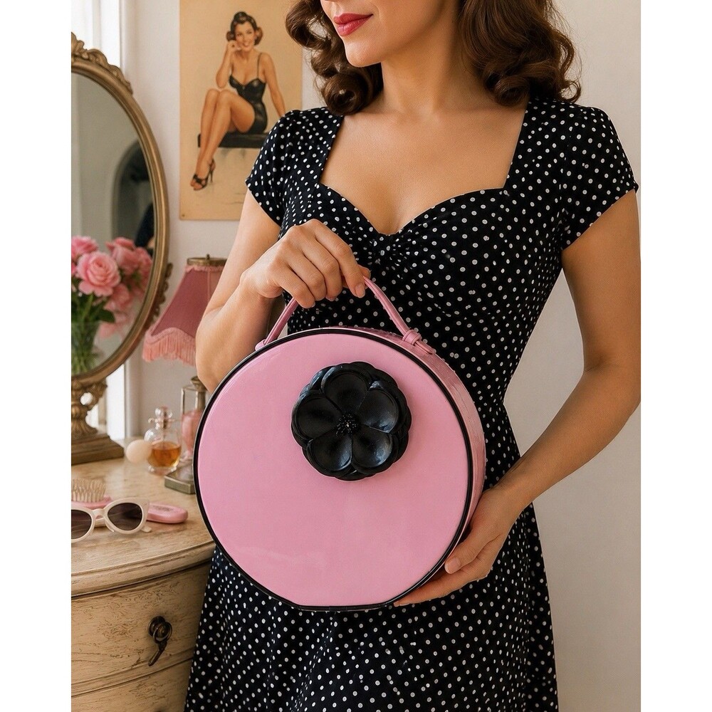Vintage Pink Round Hat Box Purse Black Flower Vanity Case Retro Handbag